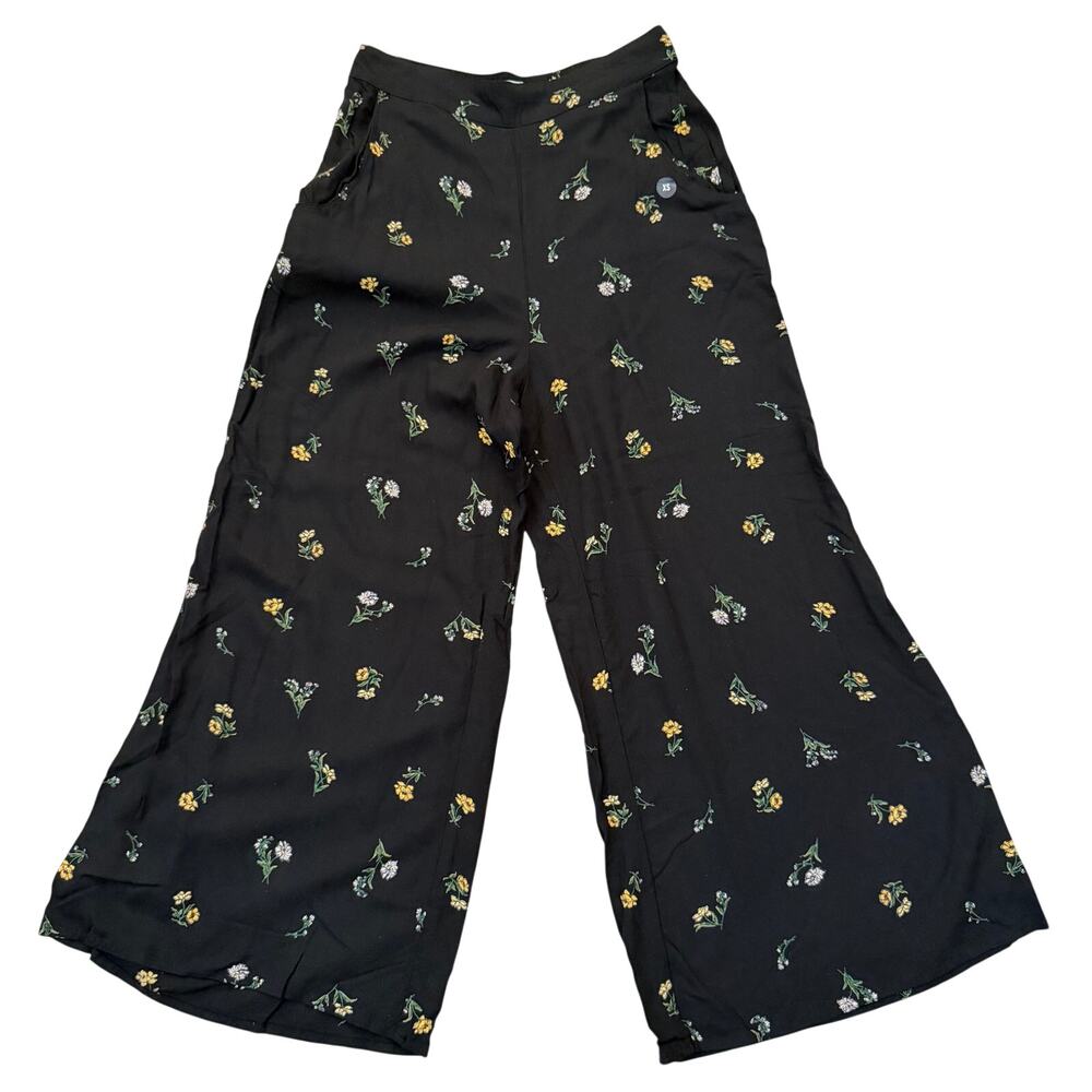 Hollister ditsy floral print wide leg pants cropped pockets black yellow white